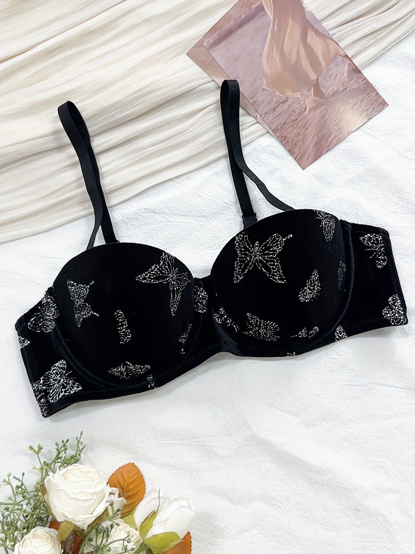 Velvet butterfly print cami bra and panties set, sexy lingerie for women.