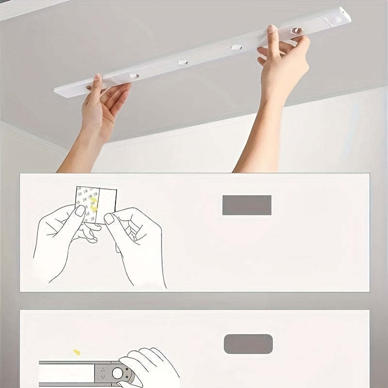 Rechargeable infrared sensor light strip with LED, magnet, and self-adhesive; wire-free for various applications.