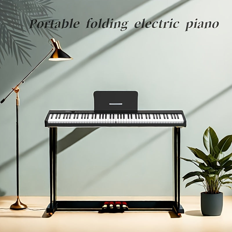 88-Key Foldable Smart Electronic Piano with Double Keyboard Set, Sustain Pedal, USB Charging Cable, Music Stand, Carry Bag, Dual Power Mode, Rechargeable Battery, for Ages 14+, Black/White