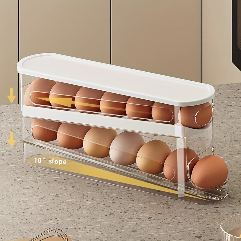 An automatic sliding egg storage box for refrigerator doors, holding 12-14 eggs with a flip-top design, serving as a fresh egg organizer and space-saving rack.