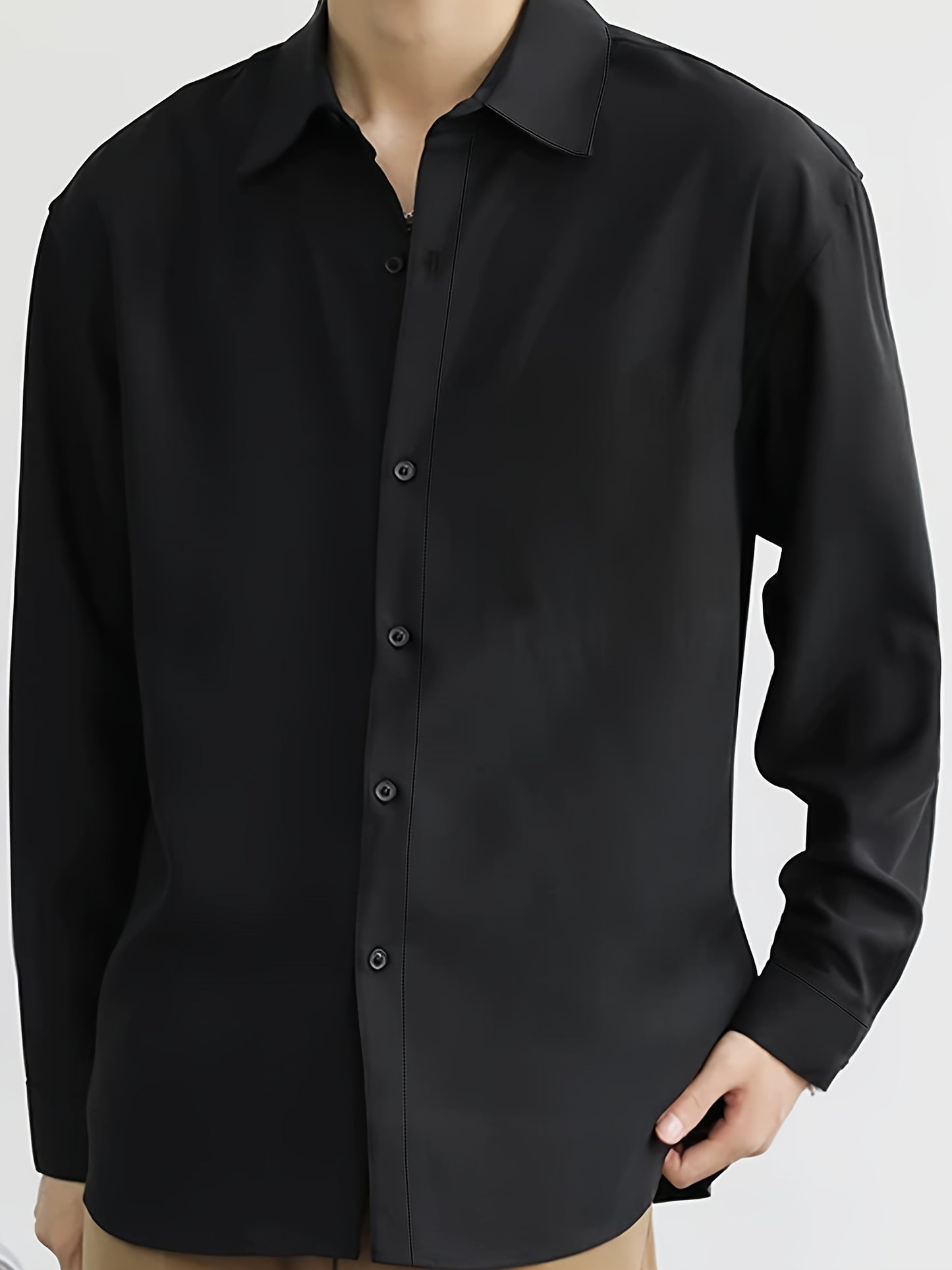 Men's premium casual long sleeve shirt for autumn and spring. Made of polyester, non-stretch, semi-sheer fabric in a solid color. Ideal for spring and fall seasons.