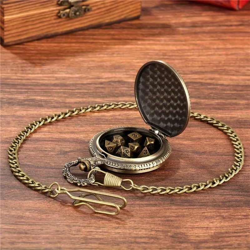 Vintage Dragon Alloy Pocket Watch with Chain and 7-Piece Dice Set - Perfect for Role-Playing Games