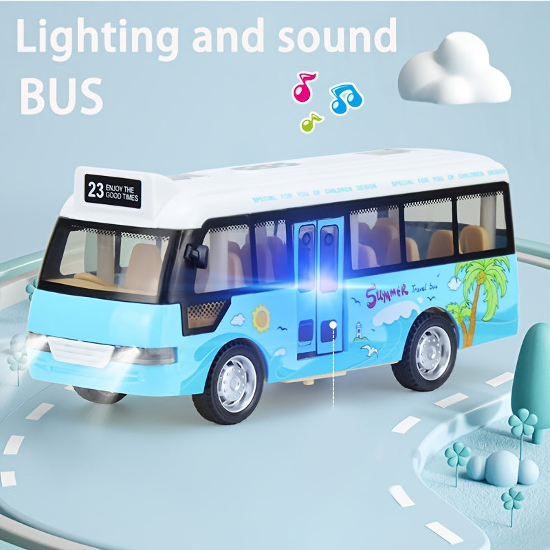 Friction-powered school bus toy with realistic sounds and flashing lights, perfect gift for youngsters. Sky blue/pink, diecast plastic.