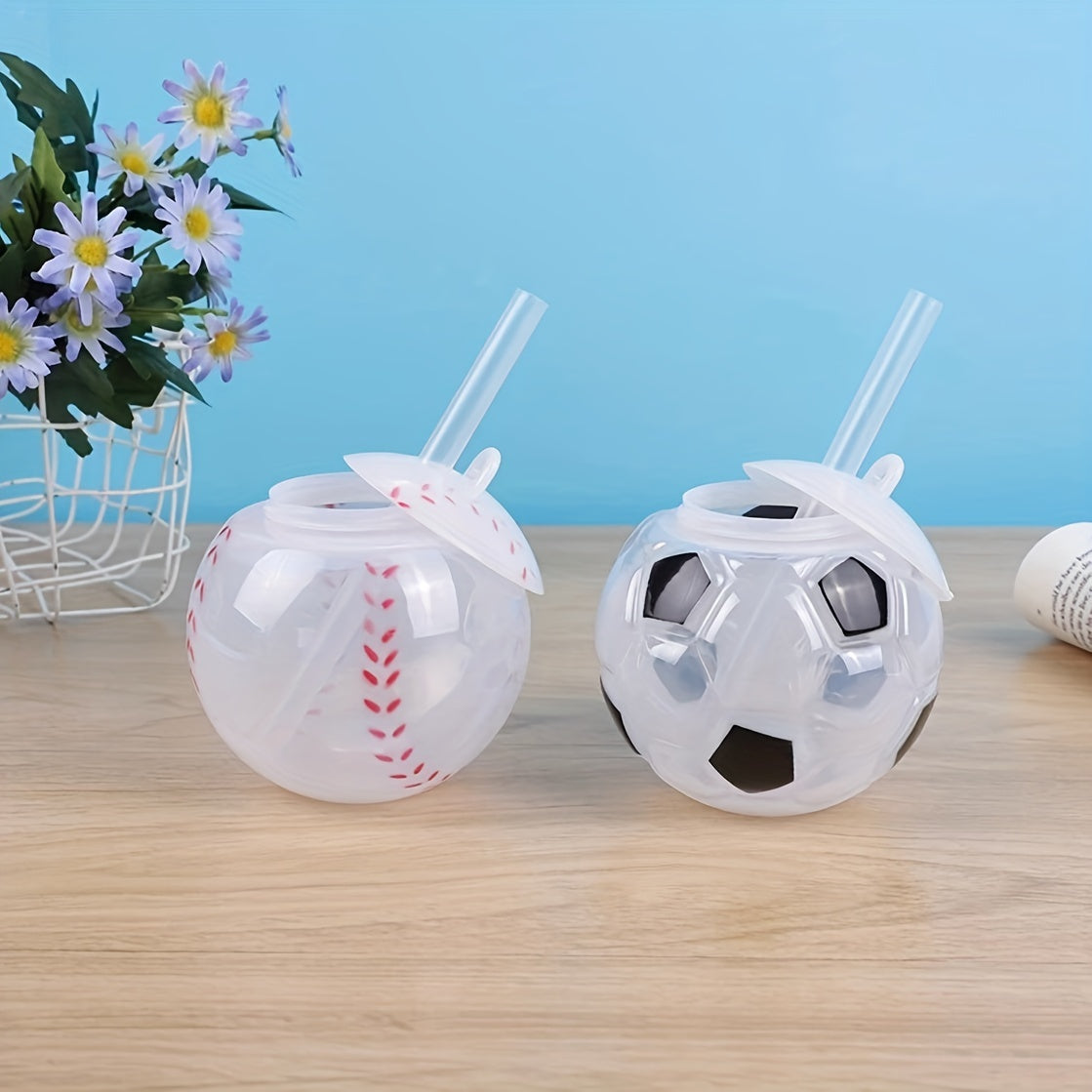 Stylish and portable cups for kids: Creative straw cups in football, watermelon, and baseball designs, perfect for milk tea and fruit drinks.