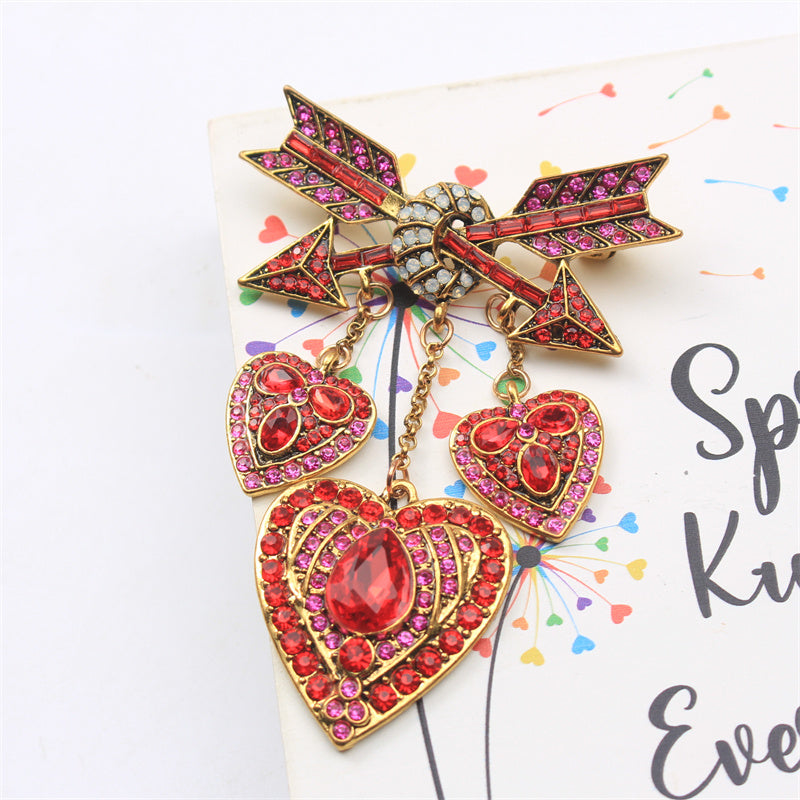 Chic and Opulent Rhinestone Enamel Heart Brooch, Love Arrow Pin, Unique Simulation Modeling Accessory with Stylish Fringe Detail