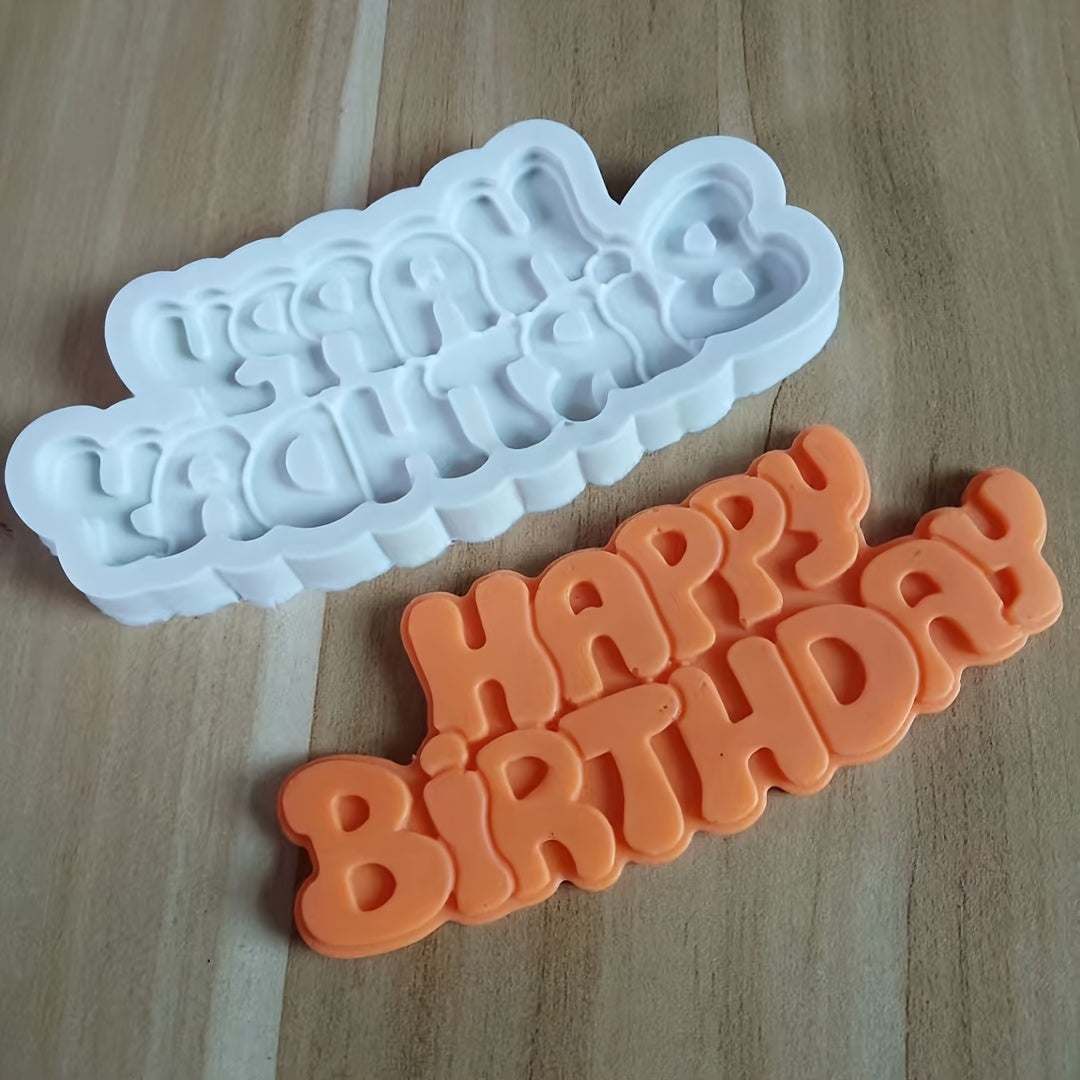 One piece of Happy Birthday Silicone Mold perfect for creating 3D Fondant shapes for DIY Pudding, Chocolate, Candy, Desserts, Gummy, Handmade Soap, Aromatherapy Candle, Plaster, Polymer Clay, and Ice Cubes. Ideal for Bakeware, Cake Decorating, Baking and