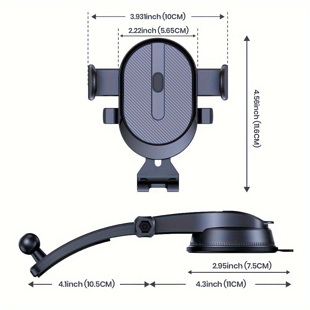 Dashboard mount car phone holder for handsfree use with iPhone, Samsung, and Android cell phones.