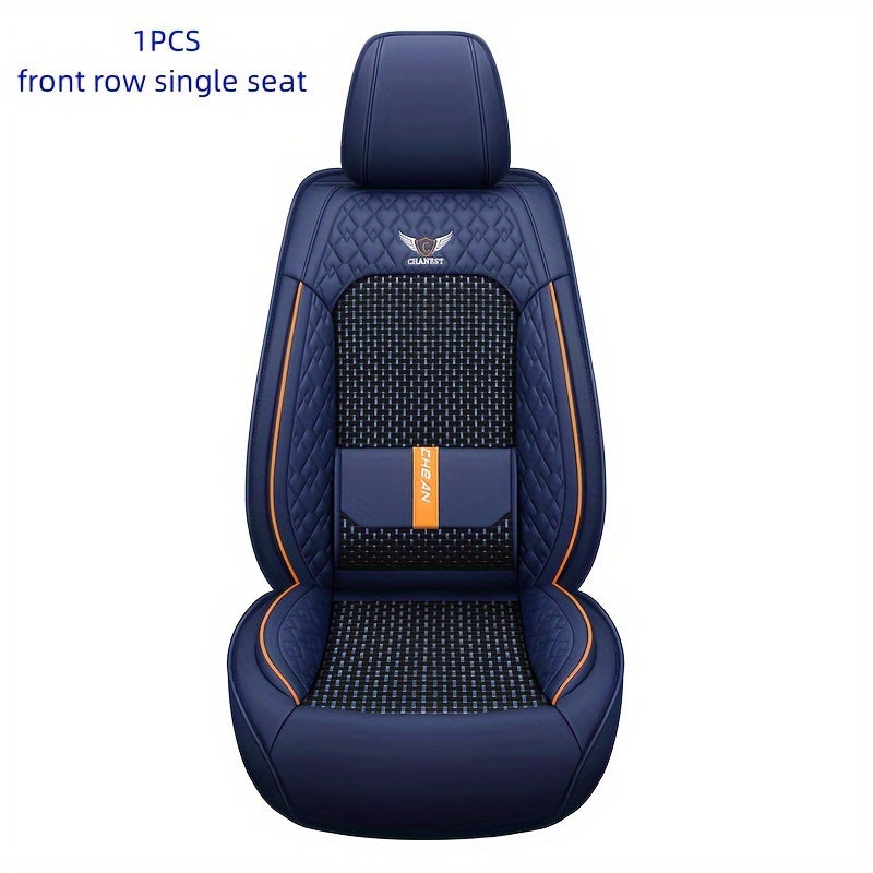 Luxury car seat covers for 5-seat cars in navy blue with orange accents. Made of breathable mesh and PU leather for maximum comfort. Ergonomic contour fit. Includes headrest. Vehicle