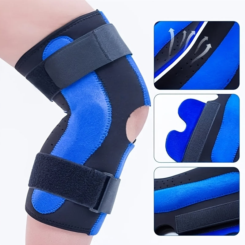 Adjustable hinged knee brace made of neoprene for support during sports and exercise, hand washable.