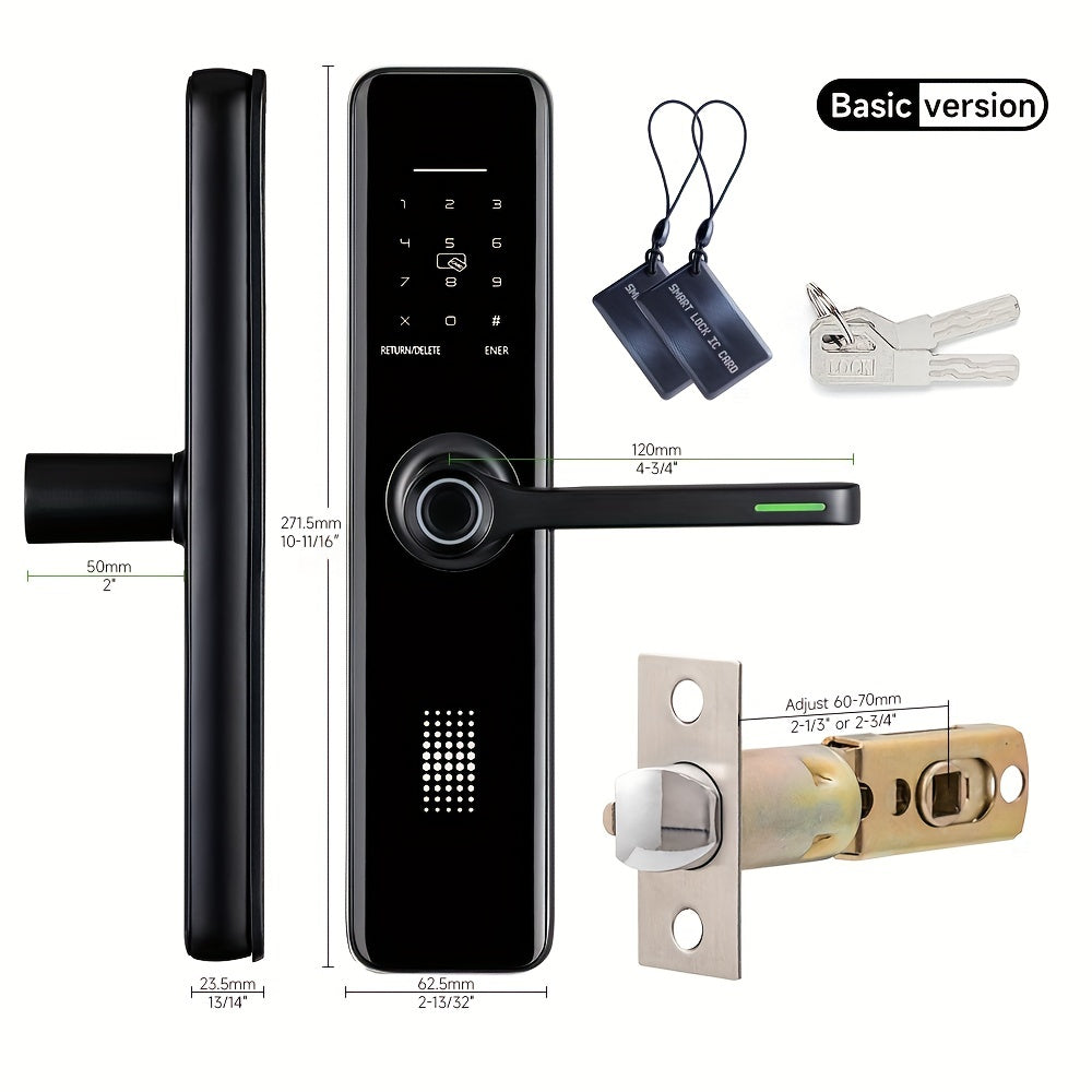 The SUMUS Smart Door Lock is a keyless entry, front door lock made of aluminum alloy. It is universal, battery powered, with Wi-fi, and includes an app and keypad. Shock-resistant but