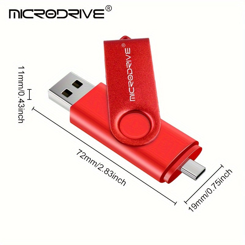 MiCRODRIVE USB 2.0 Pen Drive in 4GB, 8GB, 16GB, 32GB, 64GB, and 128GB capacities, with a 360 rotating metal design and Type-C compatibility for Android devices. Available in black, blue