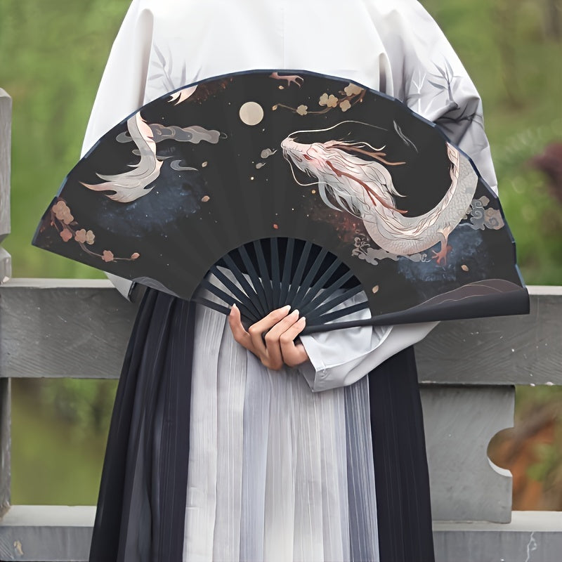 White Dragon Folding Fan - Elegant Chinese Design, Silky Fabric, Perfect for Men's Hanfu and Summer Must-Haves