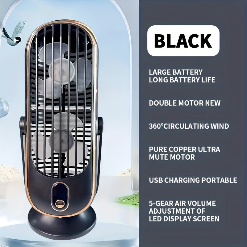 Introducing the 1pc Portable Desk Fan, the ultimate cooling companion. This mini personal fan features 5-speed settings, a high-wind power output, and a sleek polished finish. With easy button control, this fan is perfect for use in the home, office