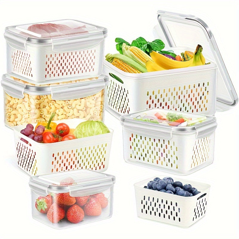 6-Pack Bpa-Free Plastic Food Storage Containers with Lids for Refrigerator, Airtight Bins for Freshness, Drainage Box Set for Fruits, Vegetables, Kitchen Organization.