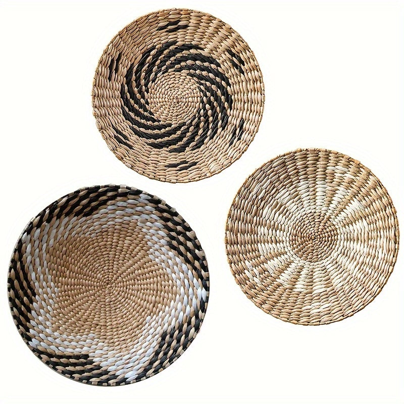 Set of 3 Handmade Bohemian Reed Wall Baskets, Rustic Farmhouse Hanging Decor for Living Room and Bedroom