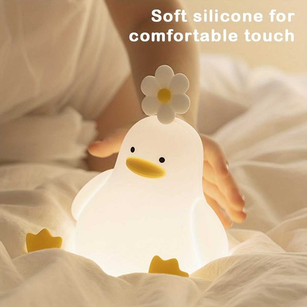 Cute Flower Duck Night Light with adjustable brightness and rechargeable feature, a creative gift for kids.