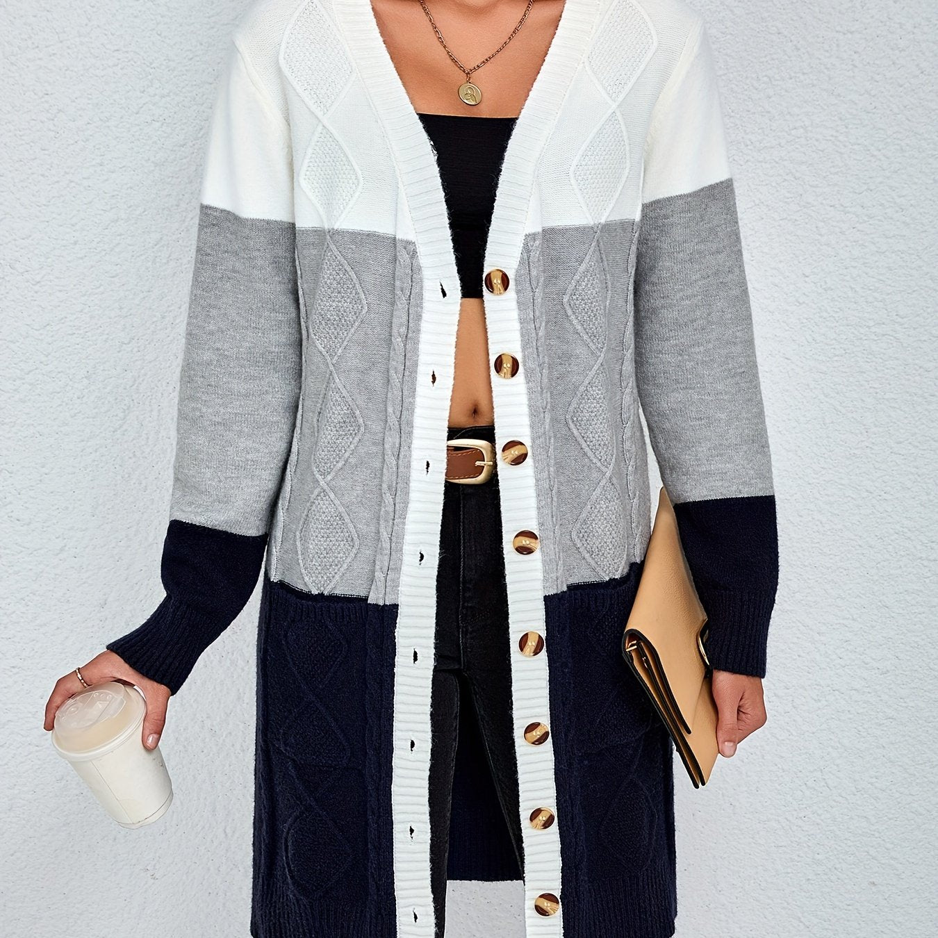 Elegant V Neck Color Block Cardigan for Women