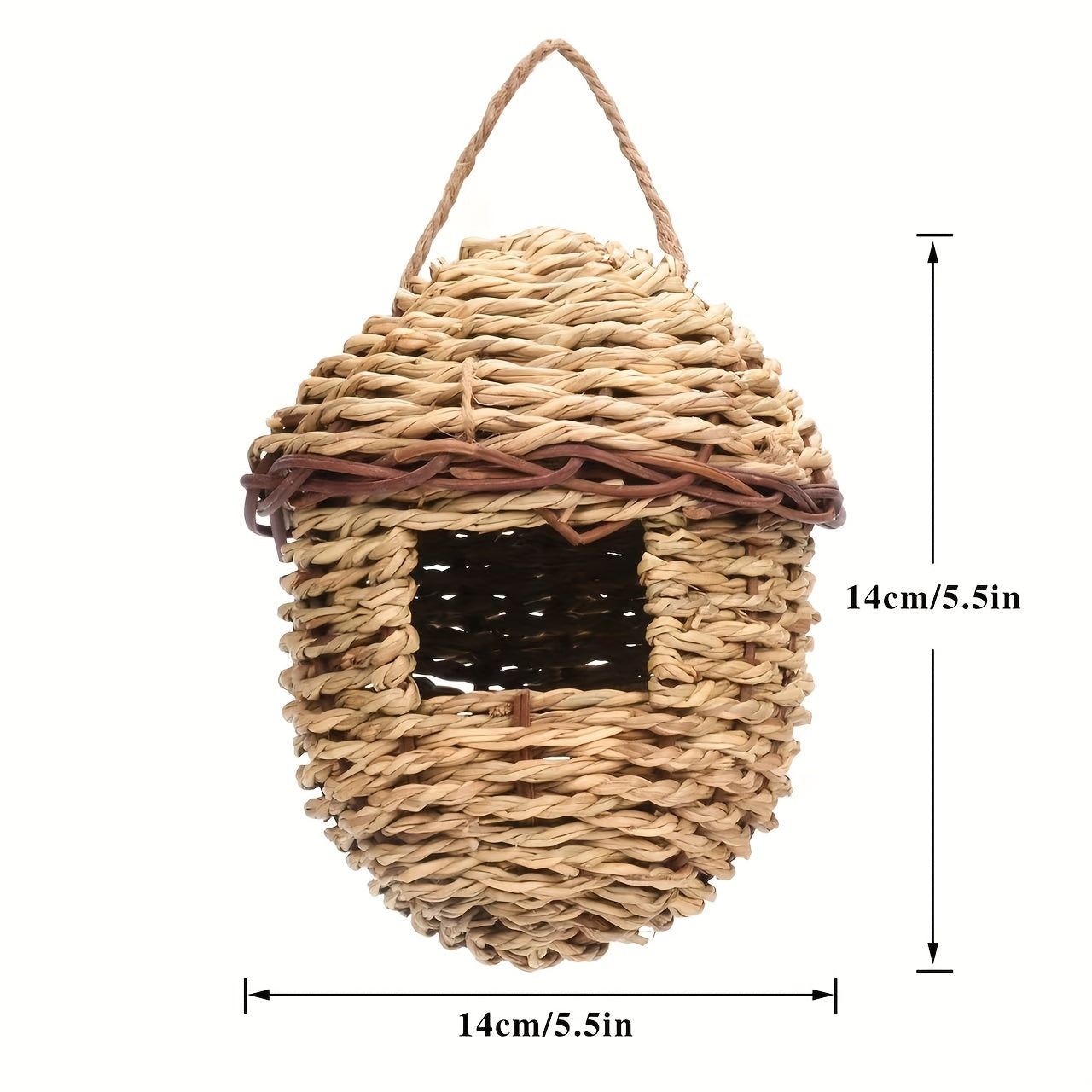 Handmade rattan birdhouse for outdoor birds in natural seagrass design.