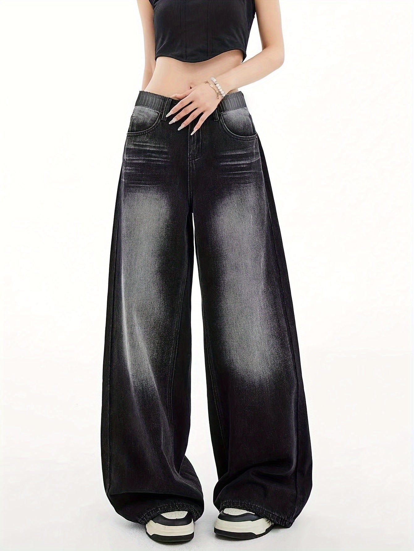 Chic black washed denim pants for girls, slim and straight-legged, perfect for casual and versatile styling.