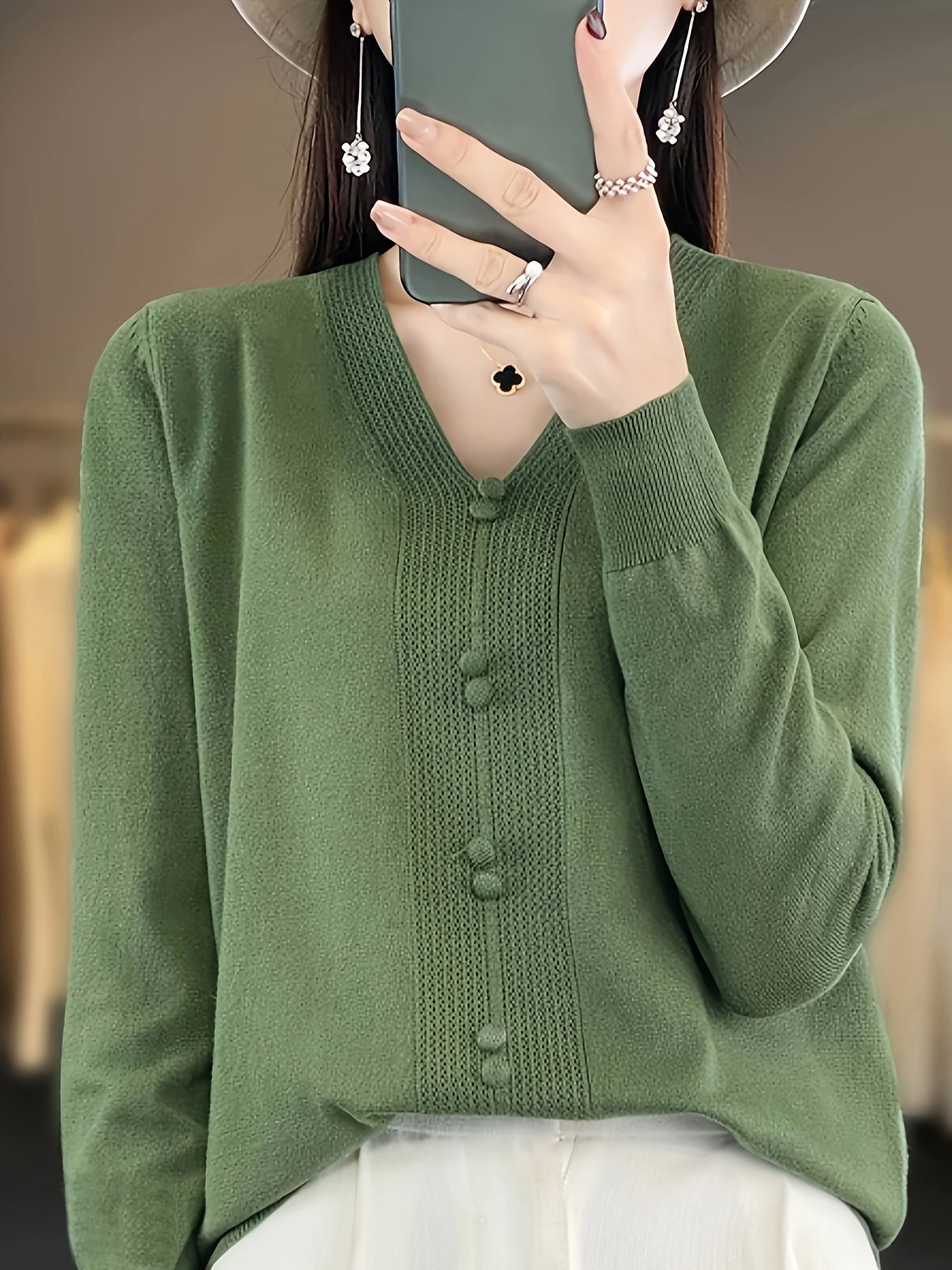 Oversized V-Neck Sweater with Button Accents