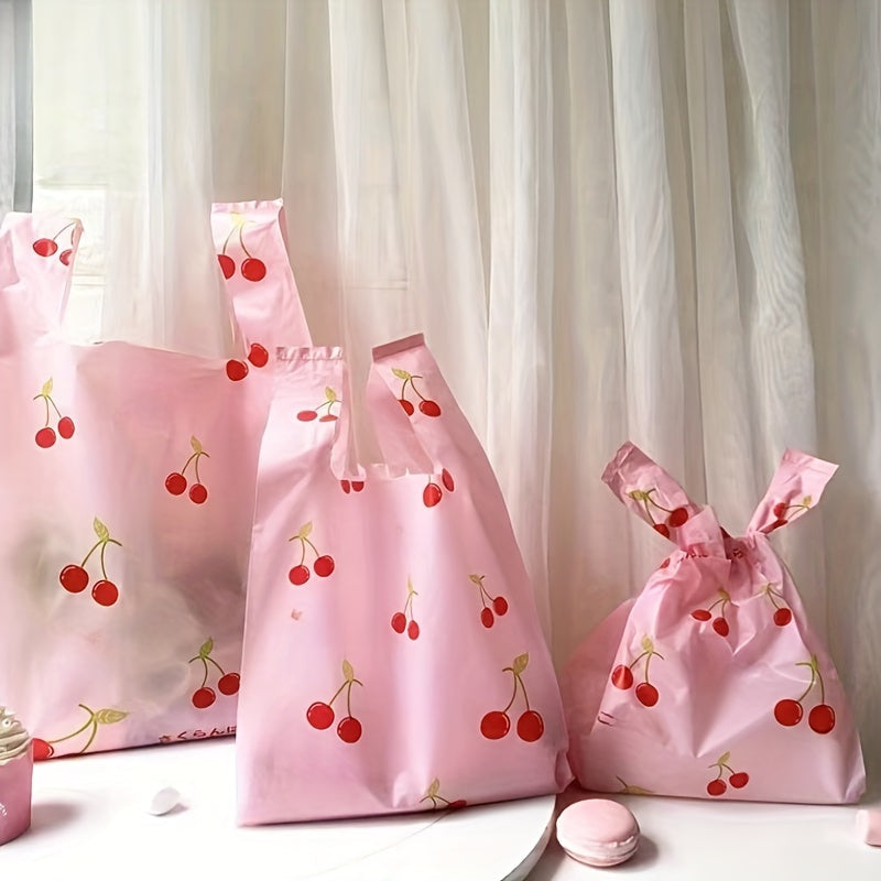 Get a set of 25/50 thick gift bags featuring a cherry fruit pattern. These tote bags are perfect for fashion shopping, wedding and birthday parties, as well as storing jewelry, accessories, candy, and chocolates. They can also be used for small ornament