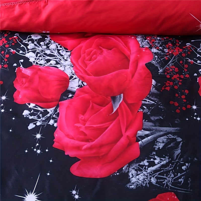 Red Rose Print Bedding Set includes 2/3 pieces with a duvet cover and pillowcases. This bedroom decor set does not include filler. Each set contains 1 duvet cover and 1 or 2 pillowcases, without pillow core.