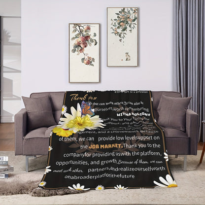 Stylish Knitted Polyester Throw Blanket Featuring Thank You Message for Friends and Colleagues, Perfect Gift for All Seasons, Adorned with Floral and Butterfly Details.