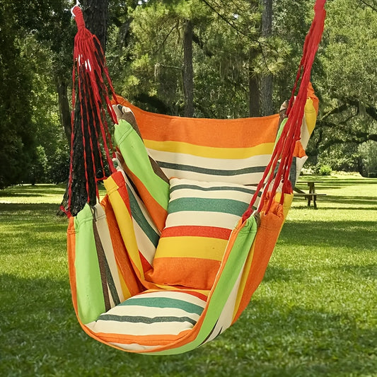 Durable, portable hammock chair with striped fabric ideal for outdoor camping and travel. Suitable for yard, balcony, and bedroom.