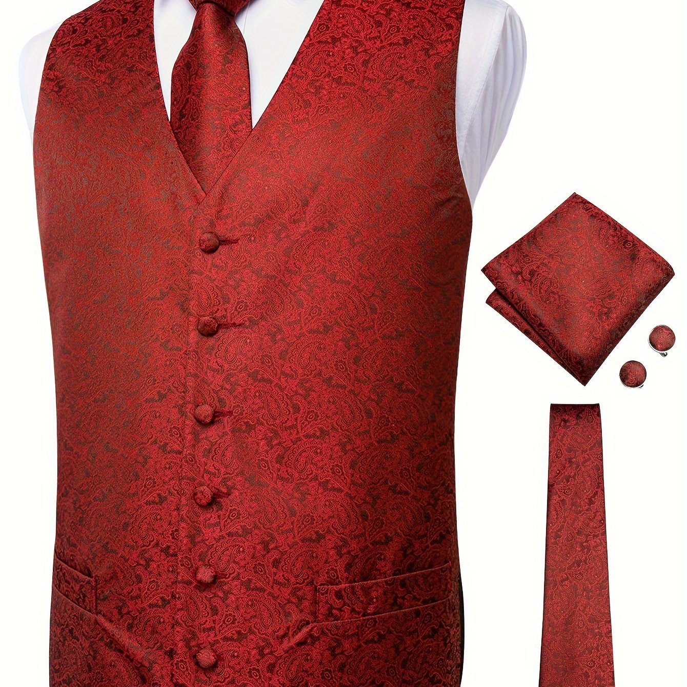 Set of 4 Plus Size Men's Paisley Vest with Necktie, Hanky, Cufflinks for Business, Wedding, Party