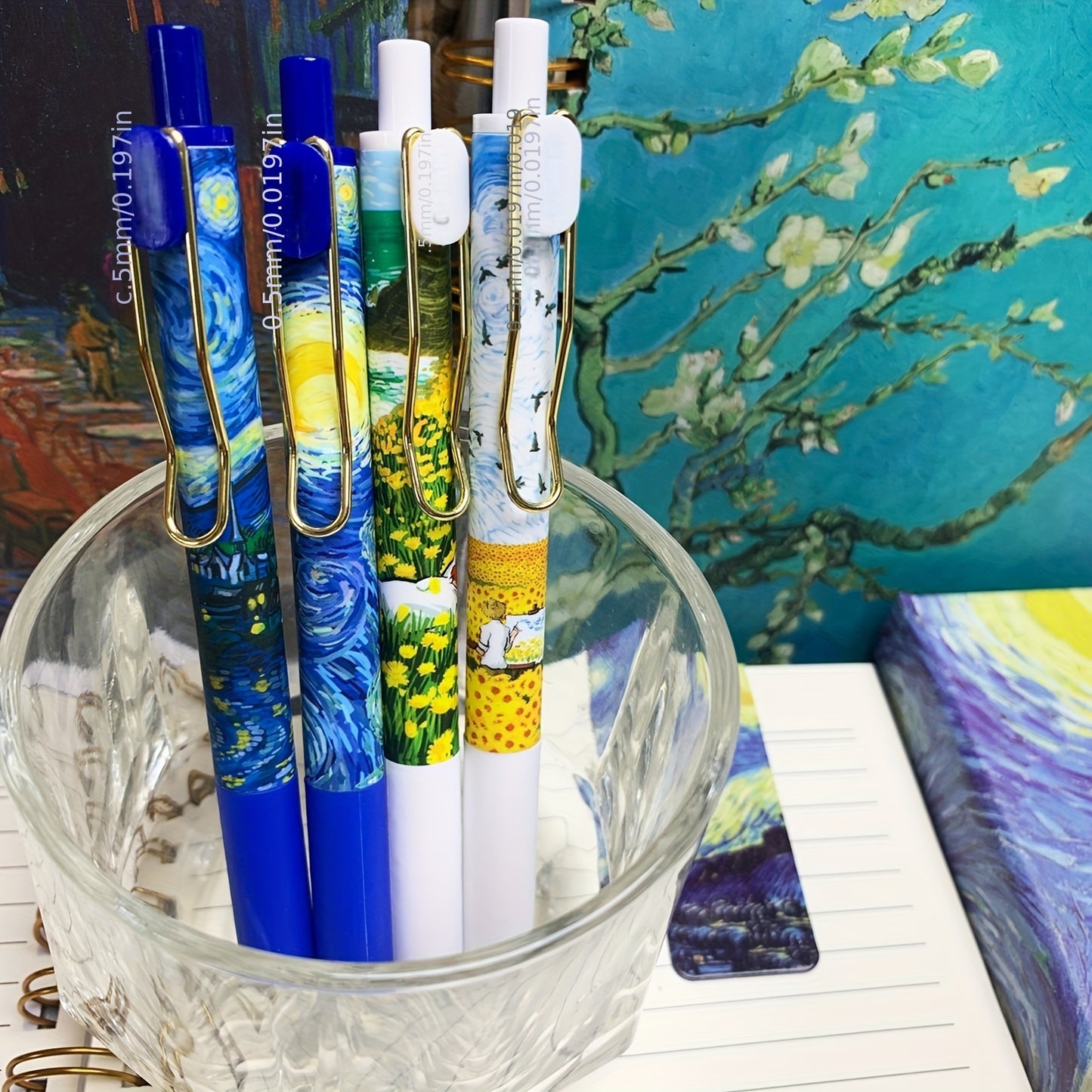 4pcs Set of Van Gogh Starry Night Pens with retractable 0.5mm fine tip, high quality and smooth writing. Ideal for diaries and school supplies.