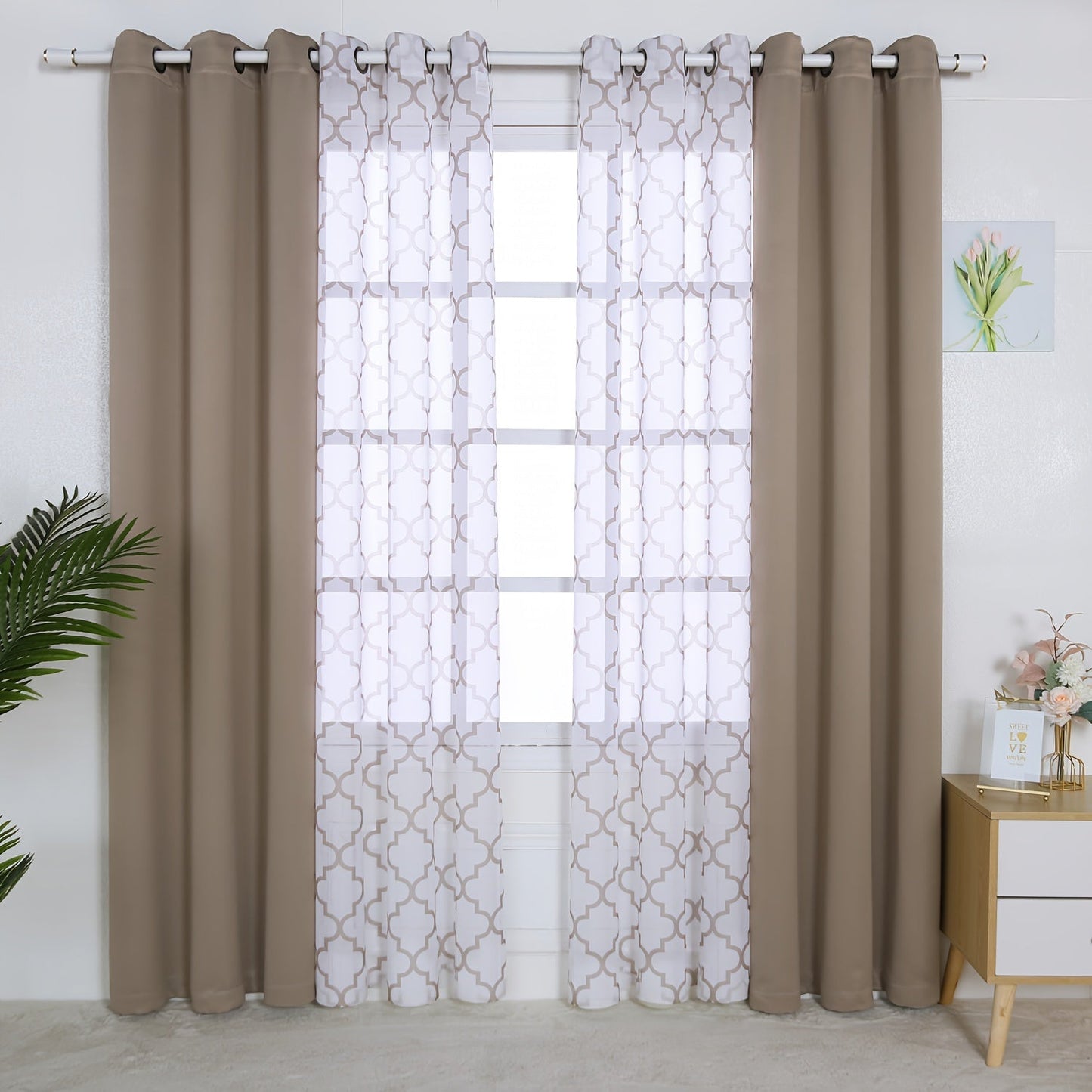 Blackout Curtains and Sheer Panels with Snowflake Pattern, Including Rods, Indoor Set of 4, Weighing 200 Grams in Total.