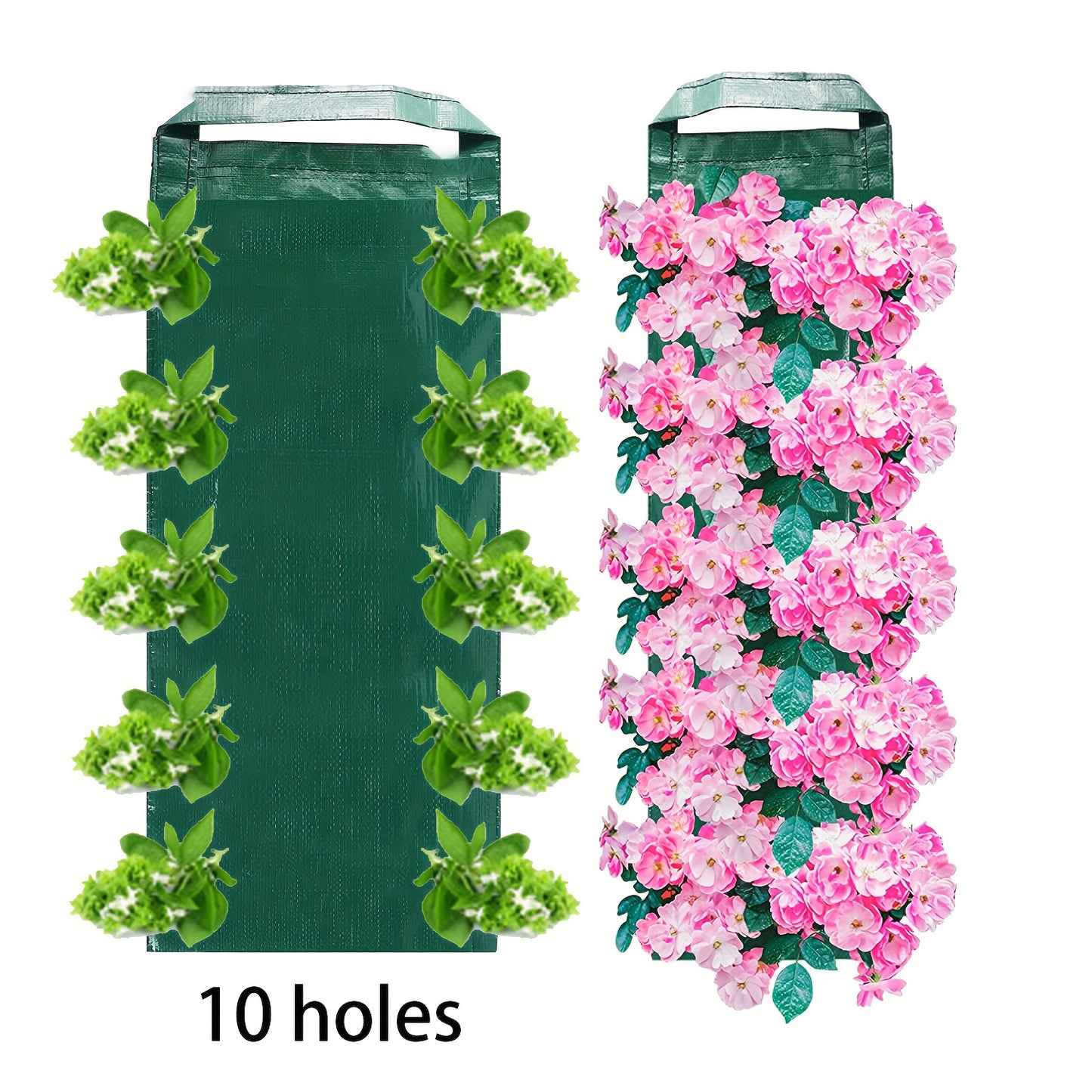 1 Pack, Vertical Hanging Strawberry Planter Bag with Multiple Pockets for various plants, made of durable non-woven material in green color, measuring 59.94cm in length and with drainage