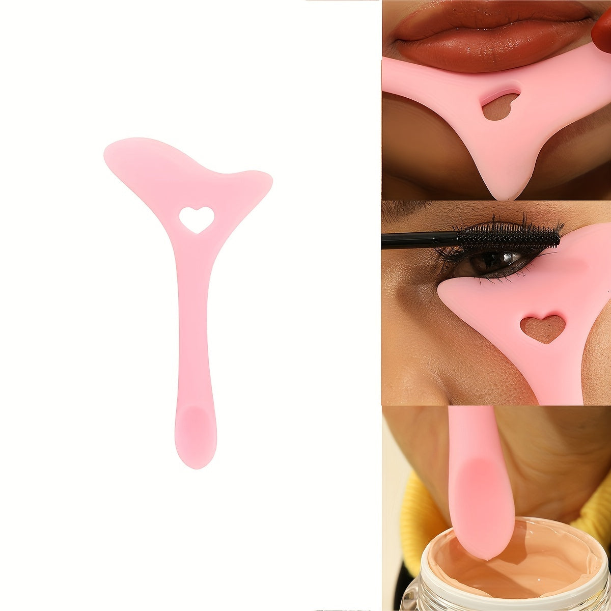 Set of 3 silicone makeup guides in pink for perfect eyeliner, eyelashes, and brows, suitable for all skin types, fragrance-free.