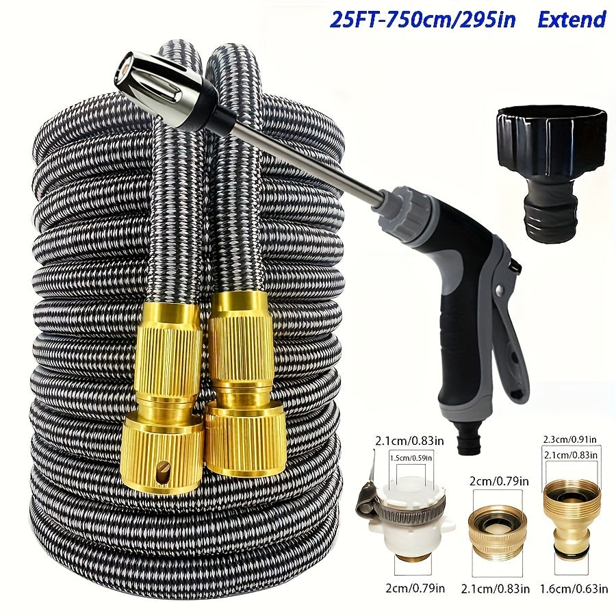 Durable expandable garden hose with nozzle, flexible rubber material, 3-layer TPE core, 3/4" universal connectors, commercial grade, multi-purpose watering tool, available in 25-100 ft