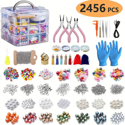 Set of 2456 beaded materials for creating DIY bracelets, necklaces, and earrings. This handmade jewelry set comes with a box and is the perfect choice for gift giving.