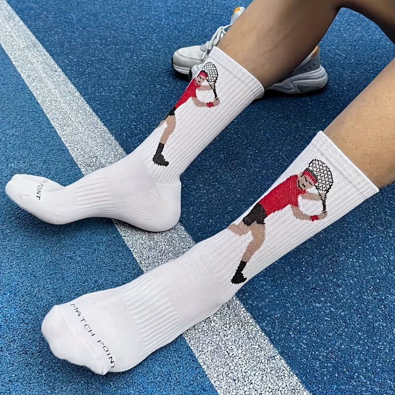 Men's tennis sports socks in cotton blend knit fabric with cartoon print. Suitable for football, tennis, fitness in all seasons. Unisex couple socks in European and Japanese style. Hand