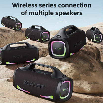 ZEALOT S79 100W Wireless Portable Speaker with 4 Speakers, supports TF Card/USB/AUX/TWS, connects with mobile devices and TVs, ideal for outdoor parties and home theaters.