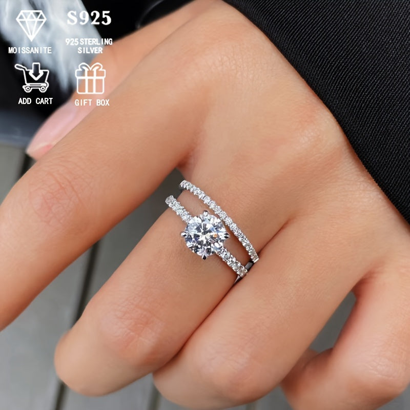 Stunning 2ct S925 Sterling Silver Moissanite Two-Piece Ring Set, Hypoallergenic Faux Diamond Stacking Engagement and Wedding Rings for Women, Perfect for Bohemian Vacation Style. Ideal Gifts for Her.