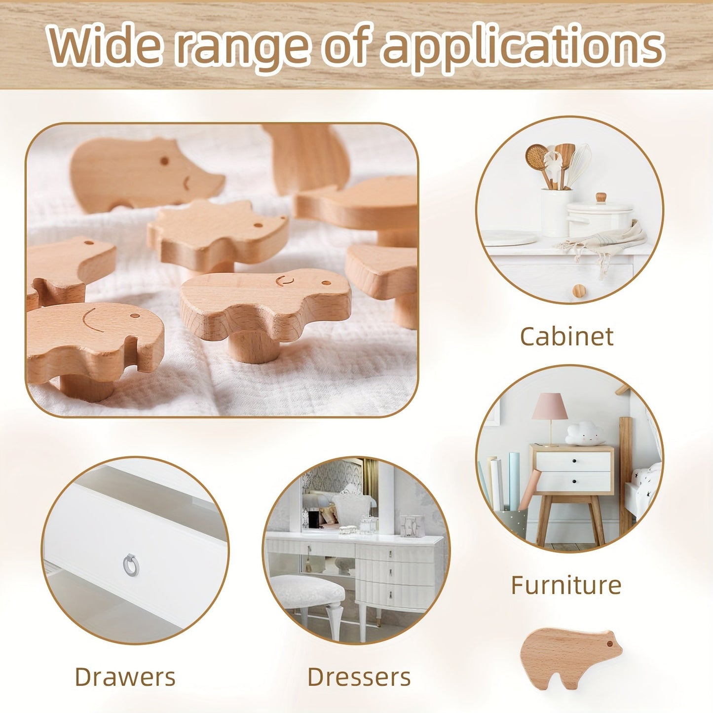 Drawer knobs shaped like wooden animals, perfect for furniture, closets, and cabinets. These nail-free hooks make for easy installation in your bedroom closet or sub-drawer. Great as a Christmas, Halloween, or birthday gift.