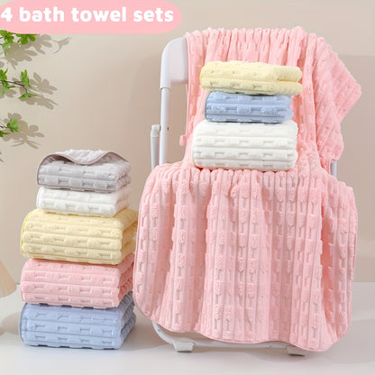 Four modern microfiber bath towels in fantasy theme, super absorbent, 69.85*139.95cm, nylon & polyester blend, 300gsm, oblong shape, individually packaged.