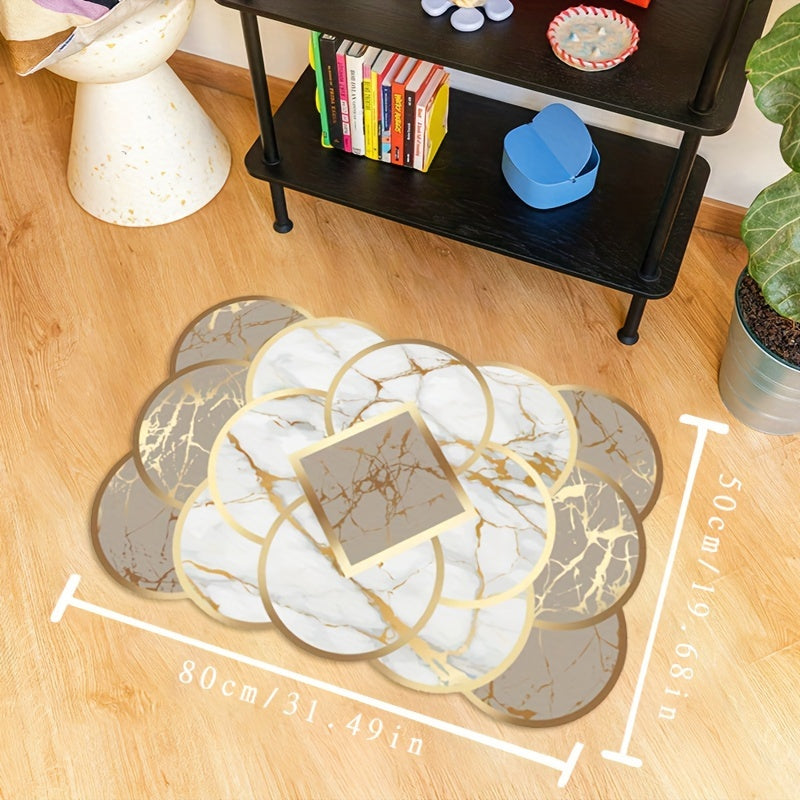 One-piece, contemporary irregular area rug perfect for your living room or bedroom. This non-slip, anti-fatigue shaggy floor carpet can also serve as an entrance welcome door mat. Easy to clean as it is machine washable, this versatile carpet is ideal