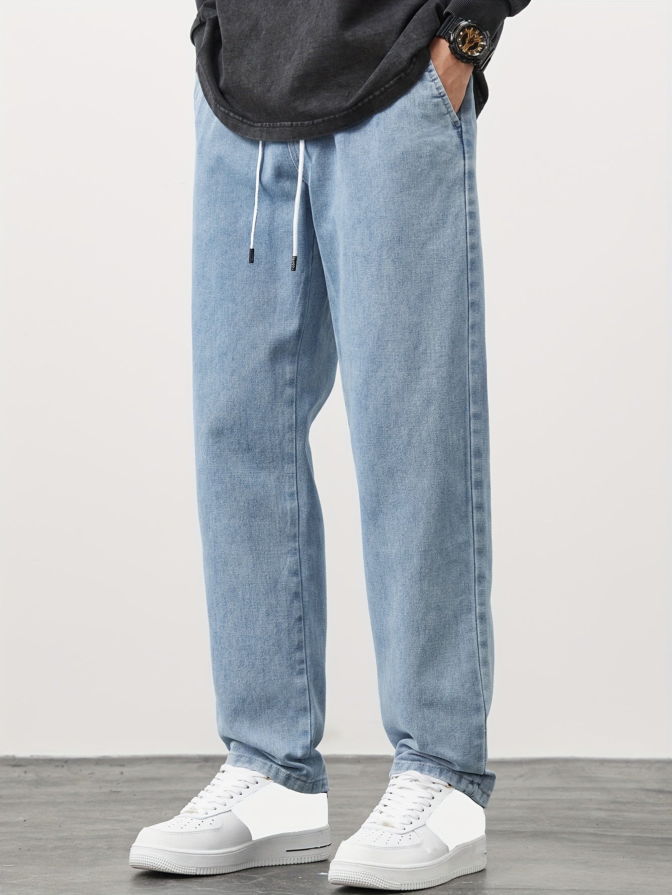 New style for Spring and Autumn 2024: Men's straight-leg denim pants from Japanese and Korean brand, Gengyuan. Loose fit, versatile, and fashionable drawstring sports casual cropped