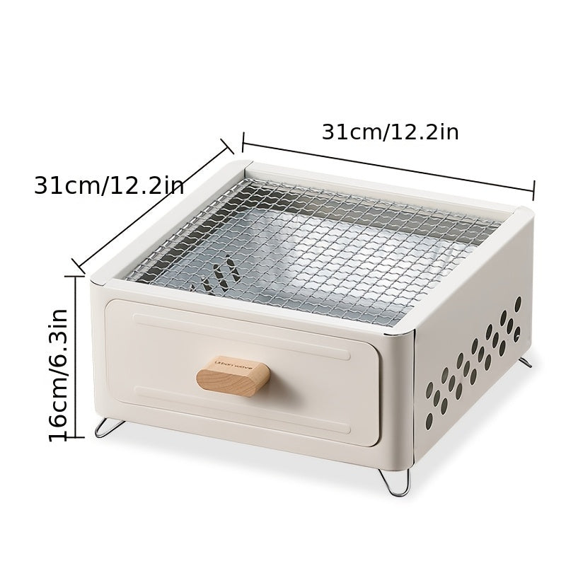 Square portable indoor barbecue grill set made of durable metal materials, with detachable legs and cooking rack, featuring an ash pan. Lighter not included. Ideal for home use.