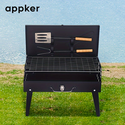 Appker Portable Charcoal BBQ Grill Set with foldable cast iron design, polished finish, windproof & dustproof lid, and includes BBQ tools.