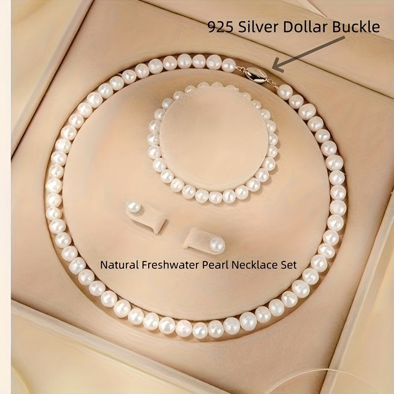 Stylish Trio, Sophisticated Freshwater Pearl Jewelry Set for Women - Complete with Beautiful Necklace, Bracelet & Stud Earrings - Opulent, Timeless Accessories