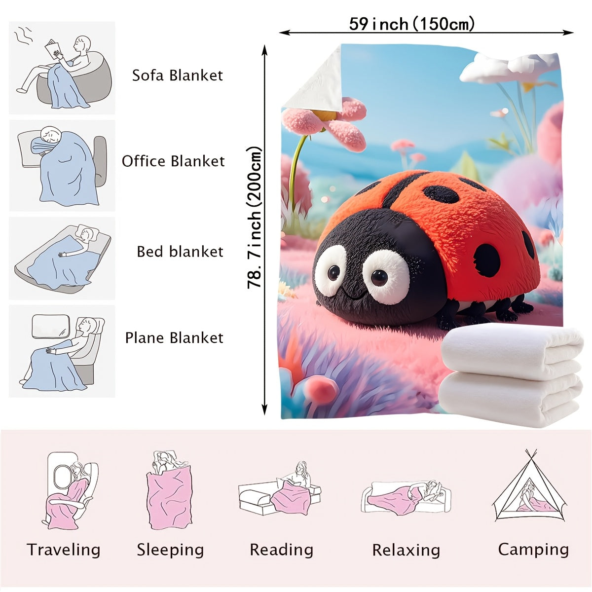 Modern Ladybug Design Plush Throw Blanket - Versatile All-Season Knit Blanket for Home and Travel - Made of Soft Polyester, Easy to Clean and Perfect Gift for Kids