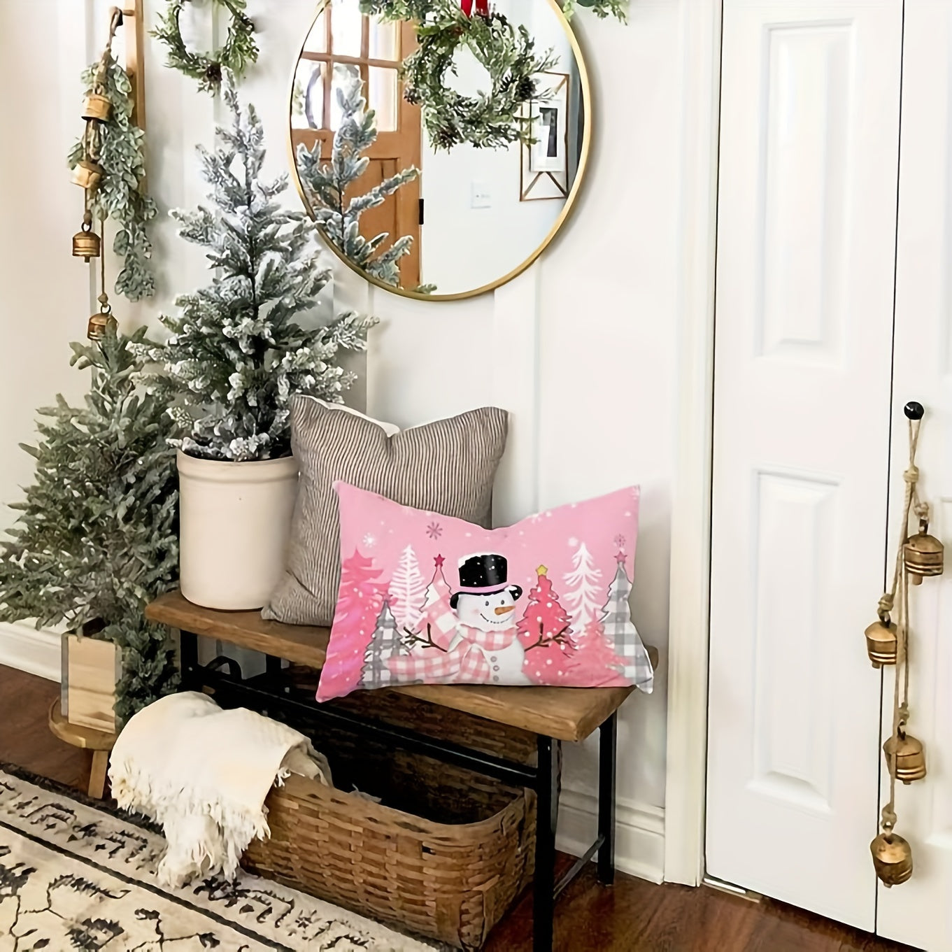 Pink Christmas Pillow Cover - Measures 12x20in/30x50cm - Modern Design - Easy to clean in washing machine - Features Zip Closure - Perfect for adding a touch of holiday spirit to your living room - Made from durable woven polyester fabric.