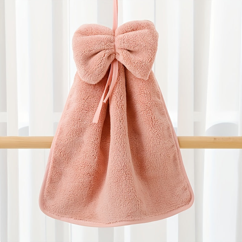 Bowknot Coral Velvet Fingertip Towel, Quick-drying, Absorbent, Cute hanging towel for bathroom.