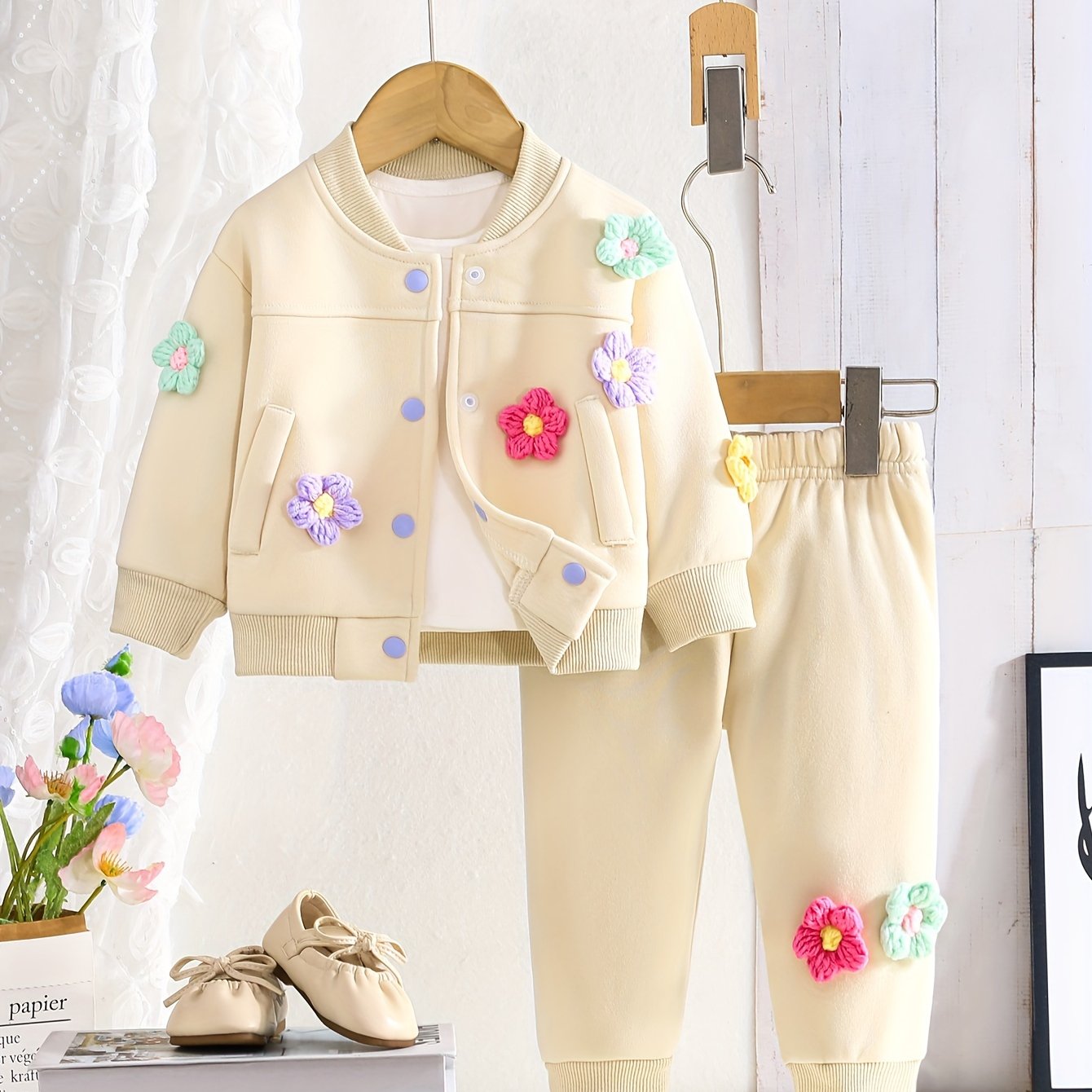 Baby girl's 2-piece colorful flower varsity + casual pants set for outdoor wear in fall and spring.