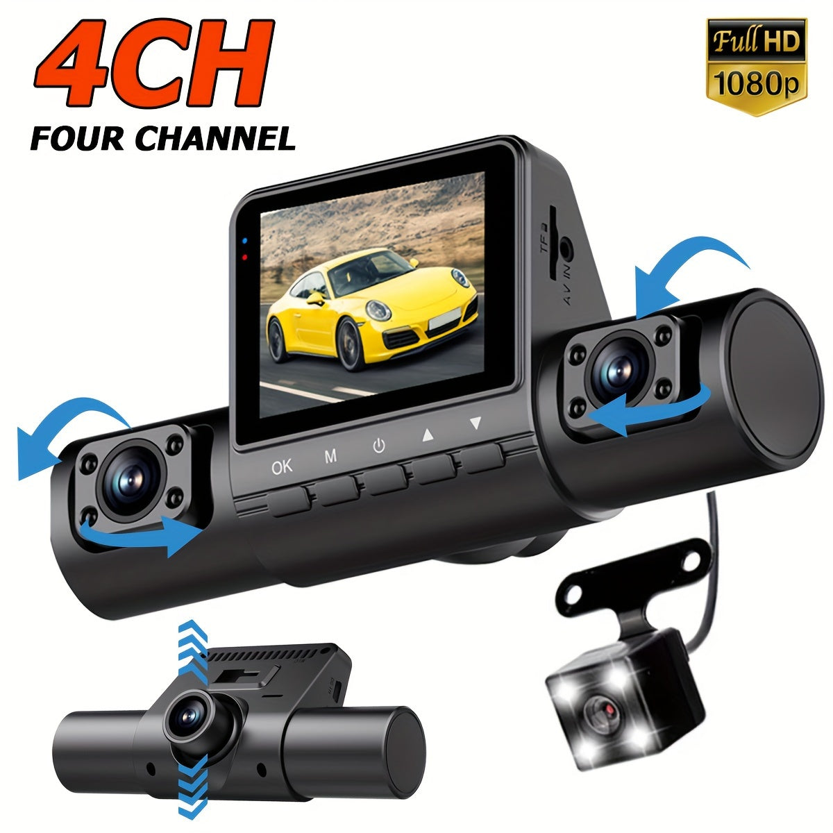 4 Channel Vehicle Camera with 1080P Car DVR Video Recorder for Driving Dash Cam. Features 1080P front and 720P left/right rear night vision, loop recording, and 24H parking monitor.